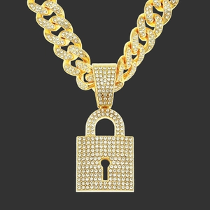 Hip Hop Iced Out Padlock Pendant Necklace Alloy Rhinestone Heavy Cuban Link Chain Streetwear Jewelry