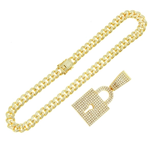 Hip hop Cuban link chain necklace with creative crystal iced out padlock pendant in gold