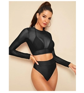 Detail of black three-piece bikini with long sleeve mesh top and high waist bottom