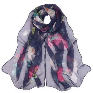 Blue georgette silk scarf featuring pink lotus floral print on a clean white background