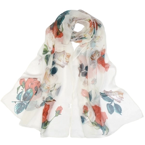 White georgette silk scarf with vibrant red and orange rose floral prints for summer
