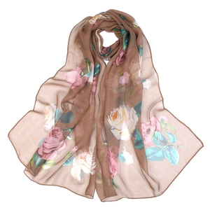 Brown floral georgette scarf with lotus pattern for sun protection and beach wear