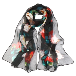 Floral lotus georgette silk scarf with red and white flowers on black chiffon background