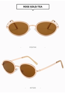 Macro view of rose gold oval sunglasses with tea lenses and textured metal frames