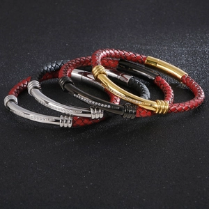 Braided leather bracelets with diamond-encrusted geometric metal bars for men