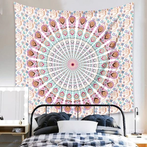 Bohemian mandala tapestry with colorful patterns displayed as a bedroom wall hanging decor
