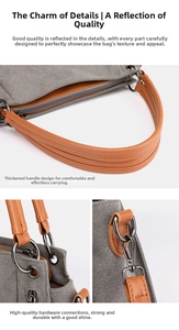 Detailed view of grey canvas bag with thick orange leather handle and premium metal hardware