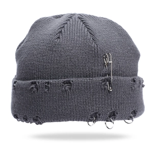 Grey distressed knit beanie with hip hop metal rings and punk safety pin decoration