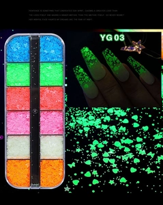 Macro detail of 12-grid nail art sequins with glow in the dark butterfly and star shapes