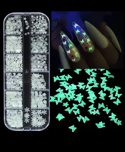 Detailed view of luminous nail art sequins set in 12-grid storage box with butterfly shapes