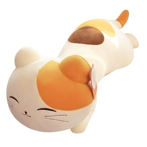 Long calico cat plush body pillow with cute embroidered face and soft tricolor fur