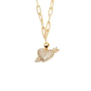 HipHop gold heart pendant necklace with cubic zirconia and paperclip chain style