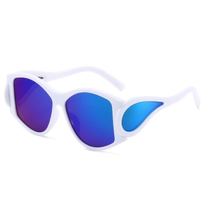 White punk sunglasses with flame frames and blue gradient lenses for fashion streetwear