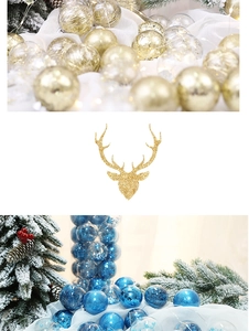 Close-up of gold and blue Christmas ornaments with glitter and matte textures for tree decor