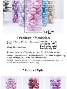 Detailed chart showing multi-colored 6cm and 7cm Christmas ball ornaments in 30pcs set