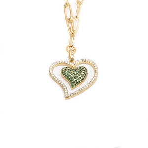 Hip hop style gold heart necklace with micro-pave green and clear zircon crystals