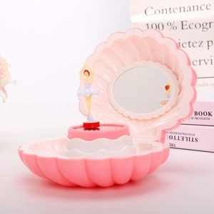 Shell Shape Music Box For Girls Plastic Jewelry Storage Case With Rotating Ballerina Internal Mirror Decorative Gift