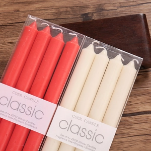 Close-up of red and white 25cm dinner candles set, dripless and smokeless features