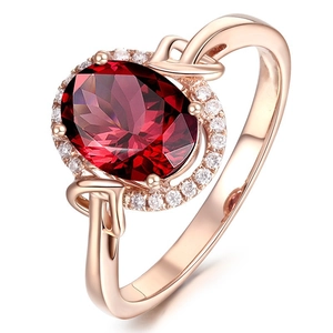 Classic 18k rose gold plated ring with oval red crystal and sparkling halo diamonds