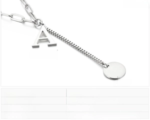 Detailed specs of stainless steel necklace with letter A pendant and round charm details