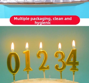 Detailed close-up of gold number candles for birthday cakes with plastic sticks and wicks