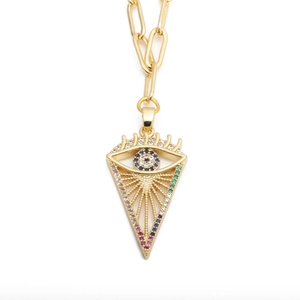 Hip Hop necklace featuring a gold-toned evil eye pendant with colorful zircon stones