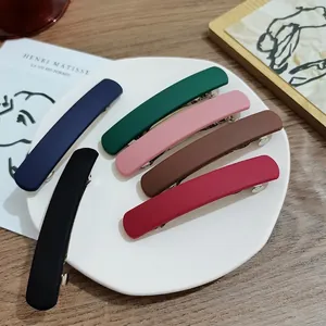 Set of six matte long spring hair clips in various colors displayed on a white plate