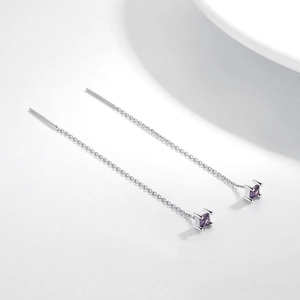 Minimalist S925 silver threader earrings with square purple gemstone in four-prong setting