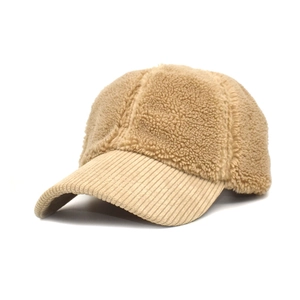 Winter lamb wool and corduroy baseball cap in light camel color for outdoor warmth