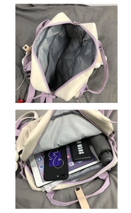 Detail view showing internal storage compartments and capacity of the canvas crossbody bag