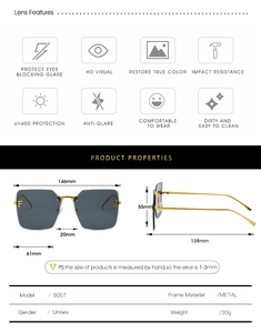 Detailansicht der übergroßen randlosen quadratischen Sonnenbrille mit Metallakzent