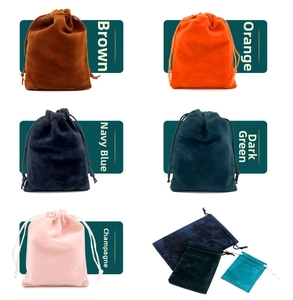 Detailed display of velvet drawstring bags in multiple colors and various sizes