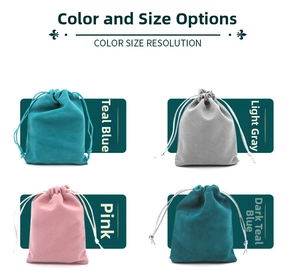 Detail view of four velvet drawstring jewelry pouches in cyan, grey, pink, and dark blue