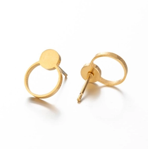 Minimalist golden geometric stud earrings featuring round disc and ring design on white background