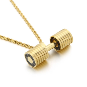 Gold barbell pendant necklace with GO FIT engraving on a golden twisted chain