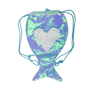 Mermaid tail sequin drawstring bag with reversible purple and teal heart pattern