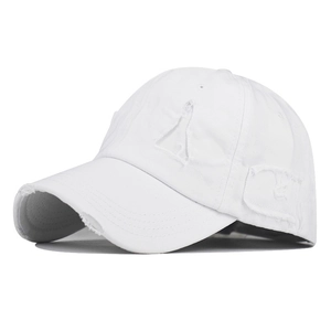 Distressed white cotton baseball cap with ripped details and a vintage street style look