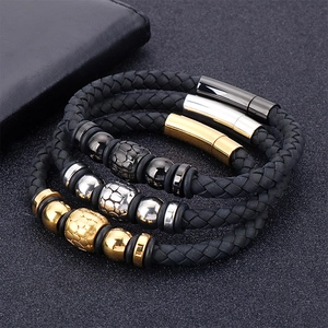 Three-piece set of braided leather bracelets for men with gold, silver and gunmetal clasps