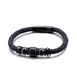 Men's trendy black braided leather bracelet with metal beads and magnetic clasp detail