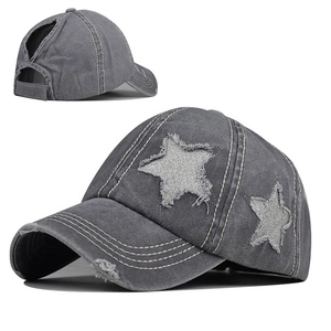 Dark grey washed cotton ponytail baseball cap with distressed star patch details