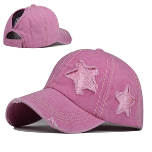 Pink washed cotton ponytail baseball cap with sequined star patch and distressed details