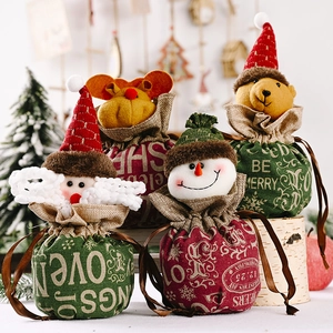 Christmas gift bags set featuring 3D Santa, Reindeer, Snowman, and Bear in linen fabric