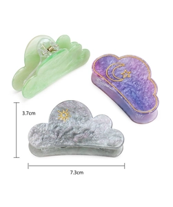 Detail showing acrylic cloud hair clips in green, purple and grey with dimensions 7.3cm x 3.7cm