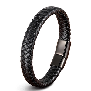 Men's black braided leather bracelet featuring a sleek black magnetic stainless steel clasp