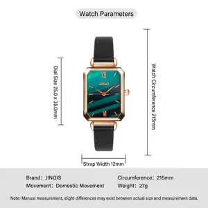 Montre à quartz carrée pour femme avec cadran vert dégradé et bracelet en cuir noir