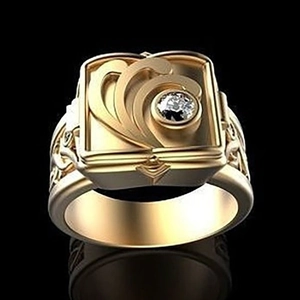 Hip hop punk style 18K gold plated men's ring with central gemstone and wave relief