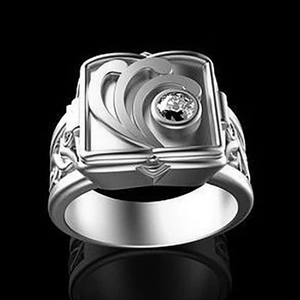 Mens silver locket ring with rectangular engraved face and clear zircon stone