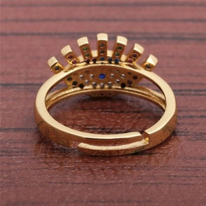 Gold adjustable ring with evil eye fan shape and multicolored micro-pave cubic zirconia