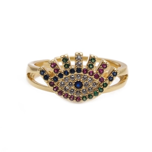 Evil Eye Open Adjustable Ring Copper Micro-Set Colorful Zircon Gold Plated Bohemian Ethnic Style Jewelry For Women