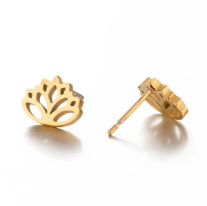 Boucles d'oreilles lotus dorées minimalistes avec design ajouré sur fond blanc